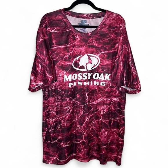 Mossy Oak Fishing Shirt 2XL Red Water Print Polyester Tee Outdoor - Picture 1 of 5
